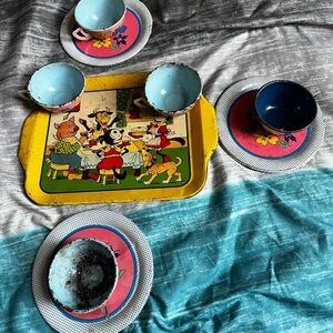 Vintage 1930s Children's Tin Tea Set with Colorful Tray - Yellow, Pink, Blue